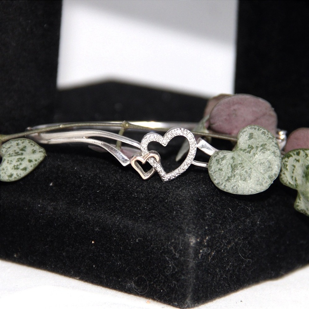 SUN Sterling Silver 925 10K Rose Gold Accent Double Heart Bangle Bracelet Size 7